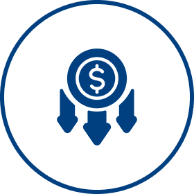 Dollar symbol with three downward arrows.