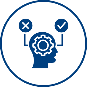 Head silhouette with cog, check, and cross.