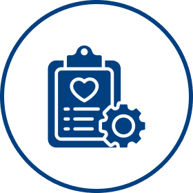 Clipboard with heart and gear icon.