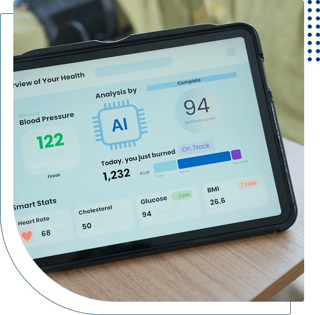 Tablet displaying health analysis dashboard.